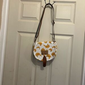 White Canvas Crossbody Bag with banana print and brown strap